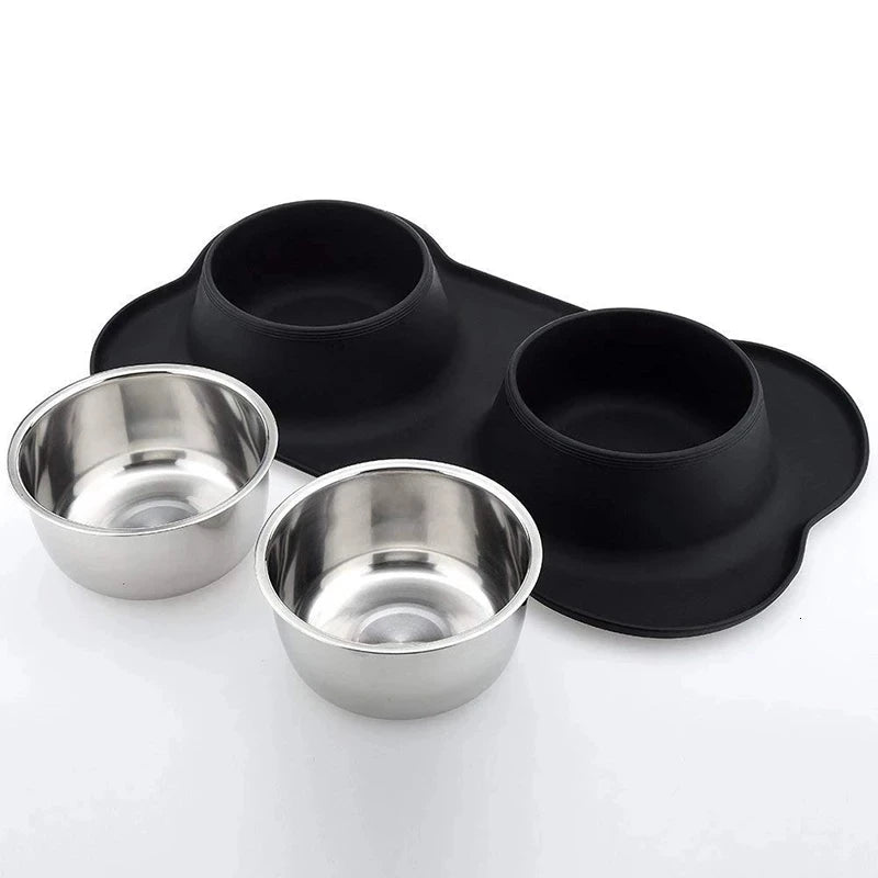 Anti-Slip Double Dog Bowl with Silicone Mat WAGGING TAIL