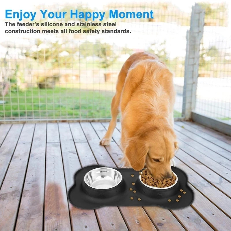 Anti-Slip Double Dog Bowl with Silicone Mat WAGGING TAIL