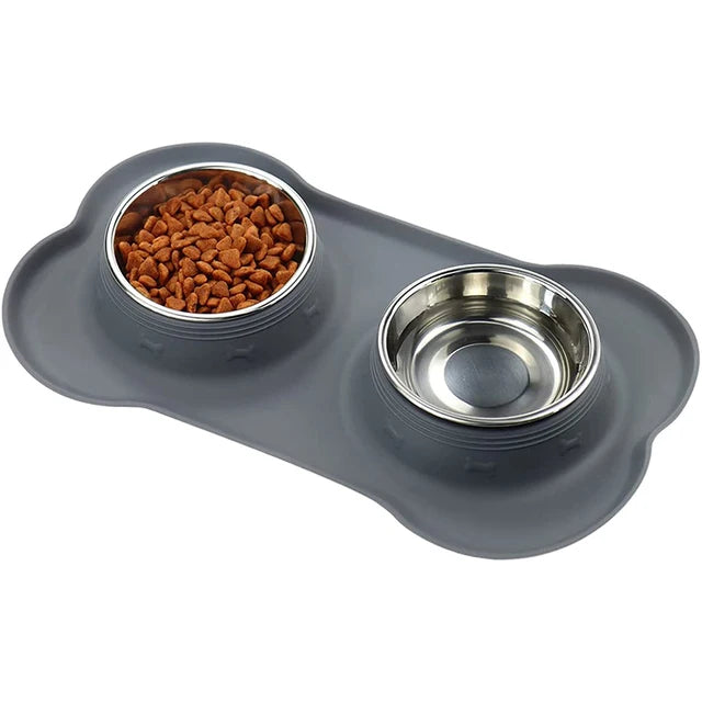 Anti-Slip Double Dog Bowl with Silicone Mat WAGGING TAIL