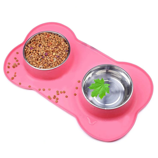 Anti-Slip Double Dog Bowl with Silicone Mat WAGGING TAIL