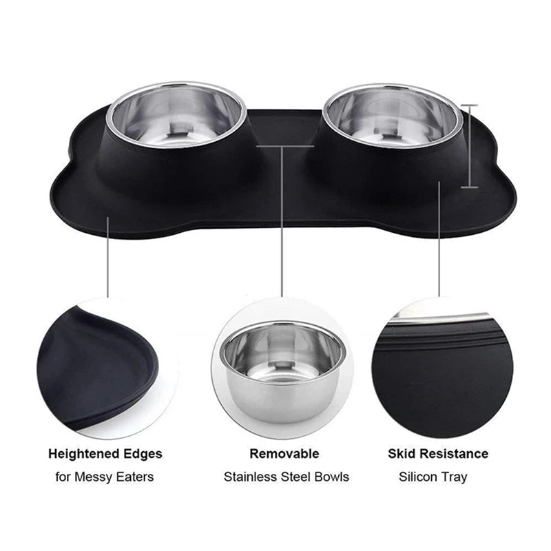 Anti-Slip Double Dog Bowl with Silicone Mat WAGGING TAIL