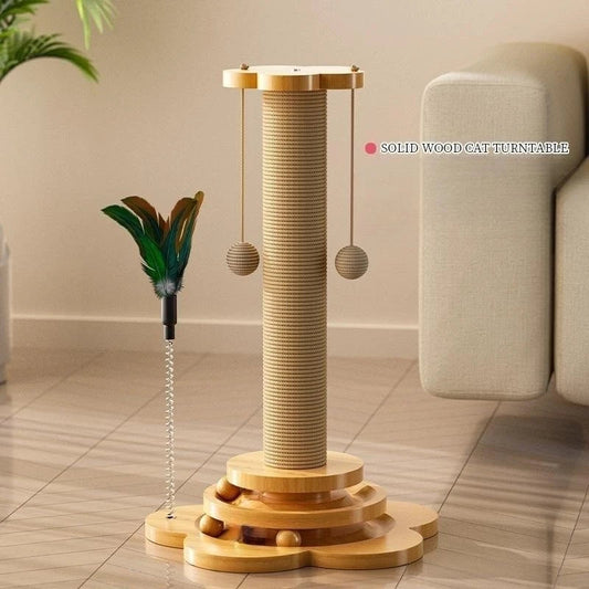 Interactive Wooden Cat Turntable Toy with Sisal Scratch Board & Teasing Stick WAGGING TAIL