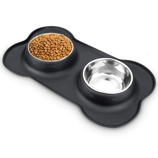 Anti-Slip Double Dog Bowl with Silicone Mat WAGGING TAIL